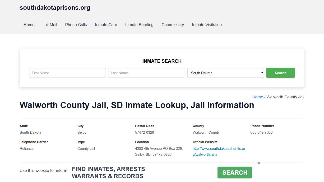 Walworth County Jail, SD - Offender Locator, Contacts, Inmate Info